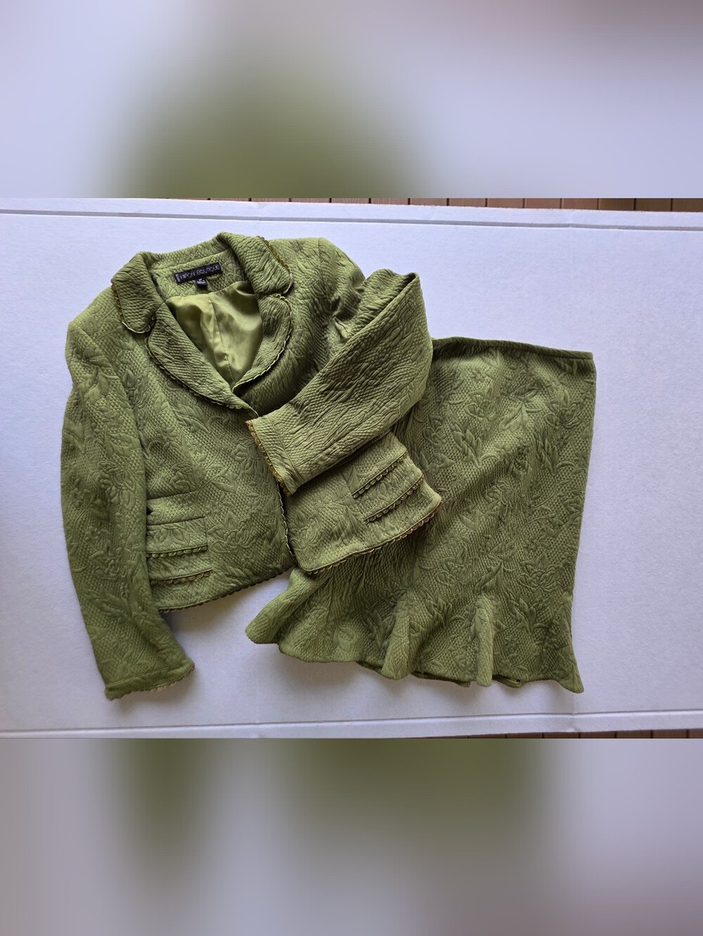 Nipon Boutique Olive Green Textured Two-Piece Skirt Suit